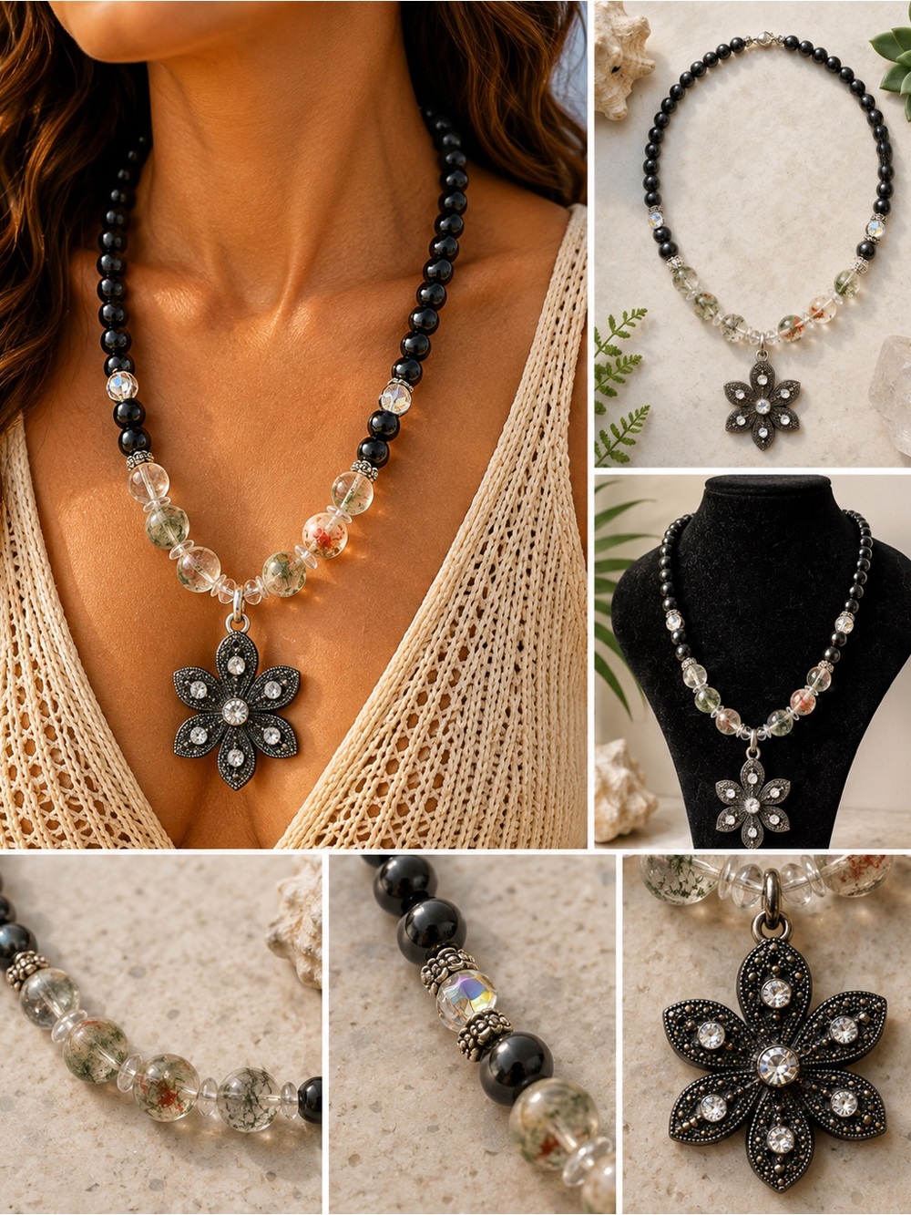Black Beaded Necklace with Floral Crystal Pendant -  Black Onyx & Clear Quartz